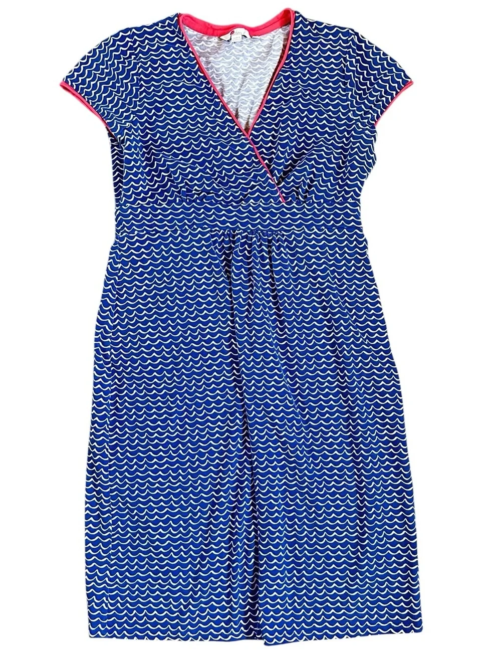 BODEN cotton blend blue & white wave pattern dress w/pink trim size 10R - Picture 1 of 5